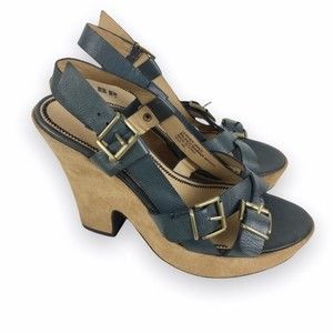 BP Nordstrom Women's Mari Blue Tan Leather Platform Sandals Chunky Heels Size 6